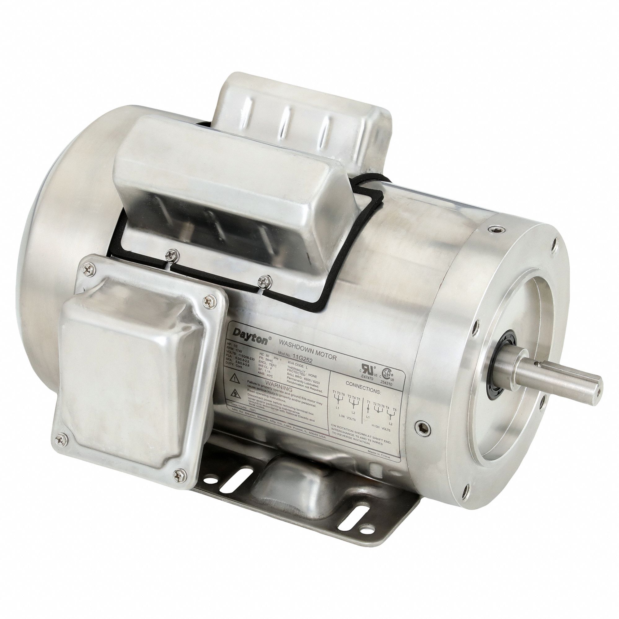 Washdown Motor: Capacitor-Start/Run, 1/2 hp Horsepower, 1, 745 RPM RPM, 115/208-230V AC, TEFC