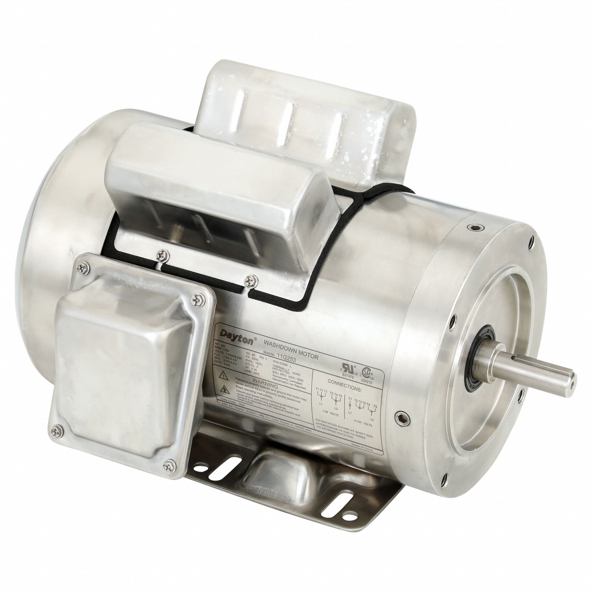 Washdown Motor: Capacitor-Start/Run, 3/4 hp Horsepower, 1, 745 RPM RPM, 115/208-230V AC, TEFC