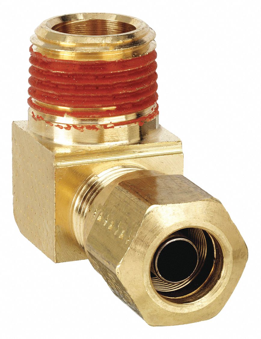 Compression Fitting Elbow: 1/4 in OD x 1/4 in Pipe Fitting Size, Compression x MNPT, Brass