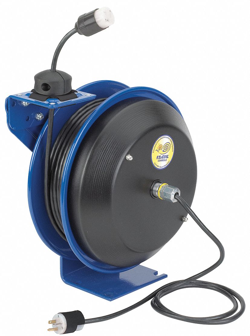 Retractable Cord Reel, 120V AC, Single Industrial Connector, 50 ft, Blue Reel  Color, 20.0 - Grainger