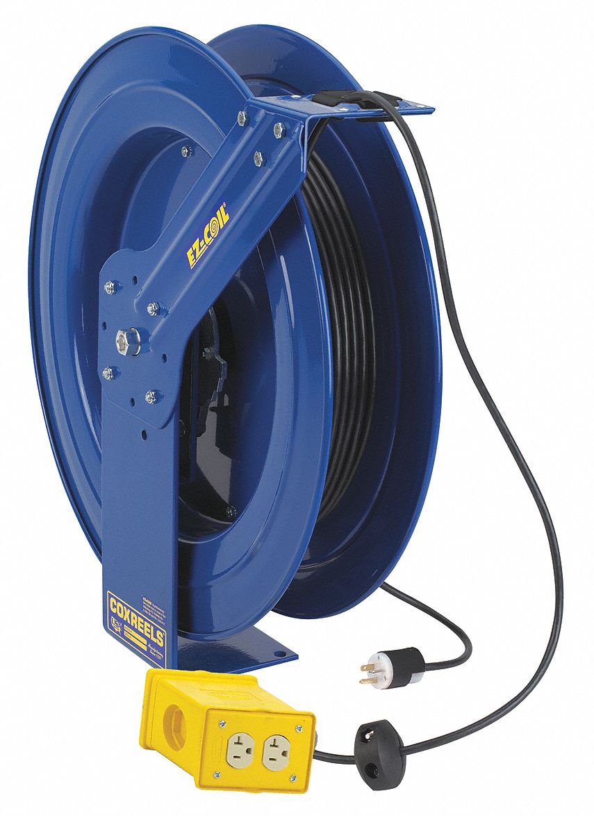 Retractable Cord Reel, 120V AC, Quad Box Receptacle, 50 ft, Blue