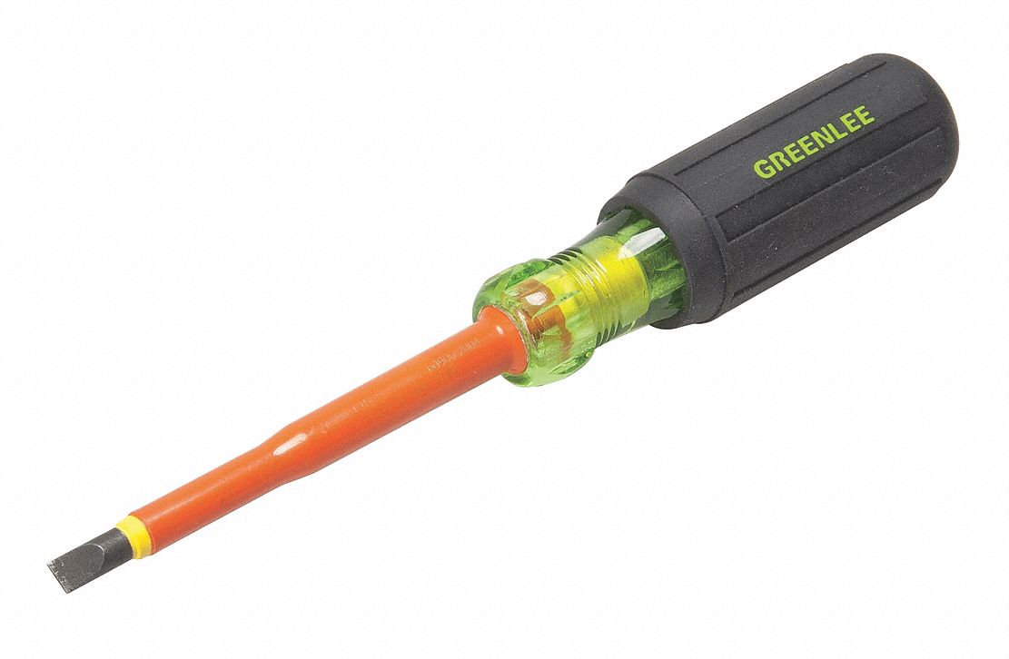 INSULATED SLOTTED SCREWDRIVER, 1/4 IN TIP SIZE, 8 1/4 IN OVERALL L, 4 IN SHANK L