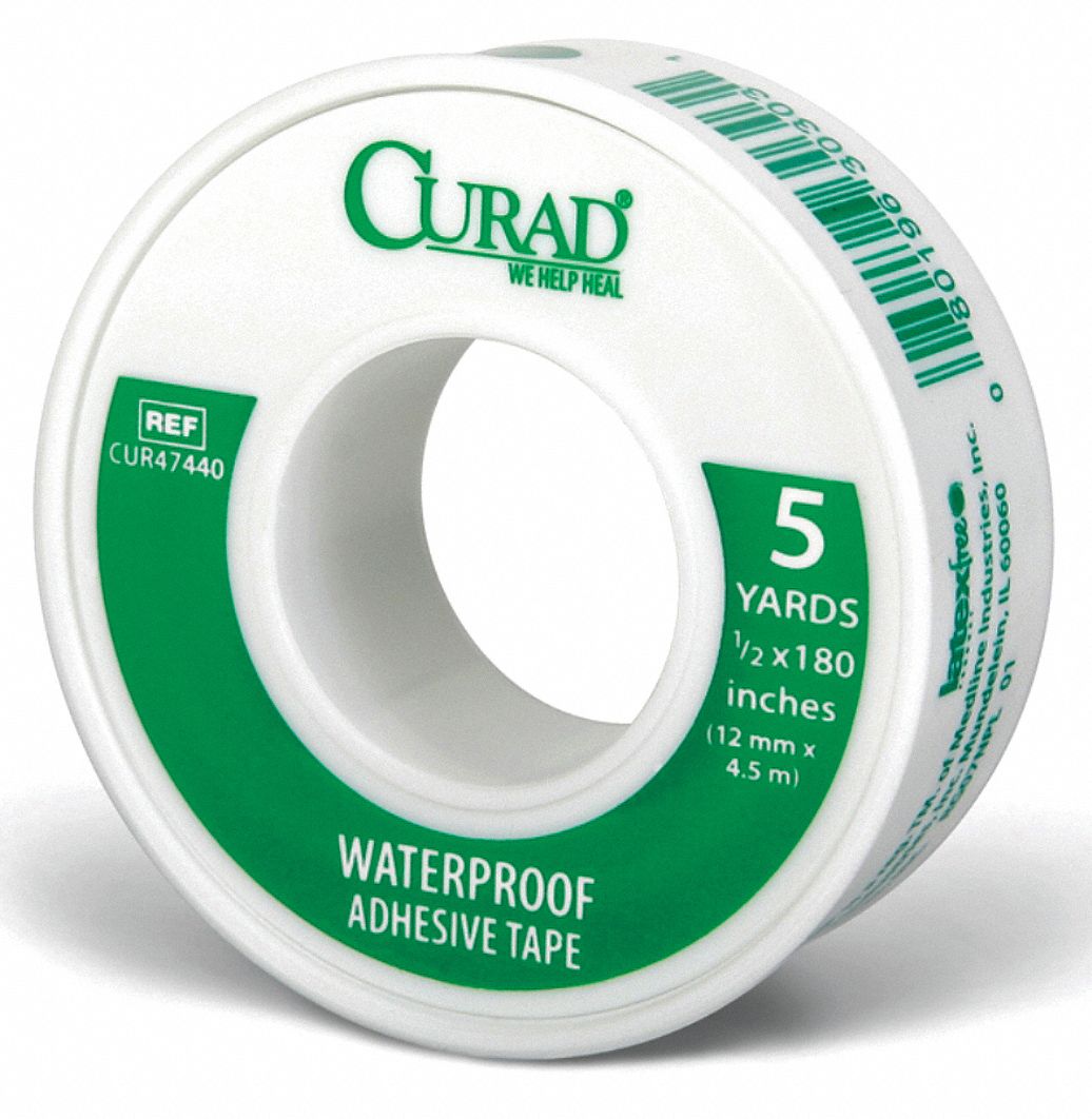 First Aid Tape: White, Waterproof, Plastic, 1/2 in Wd, 5 yd Lg