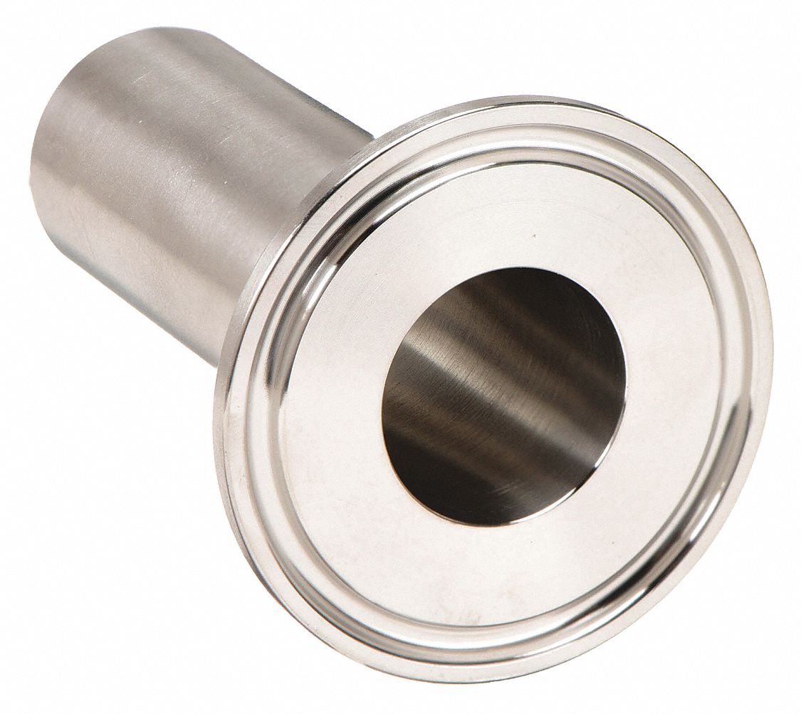 Sanitary Fitting Ferrule: 1 1/2 in OD x 1 1/2 in OD Size, Clamp, Stainless Steel