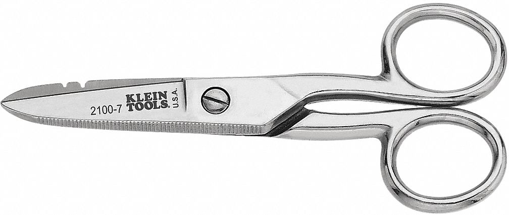 ELECTRICIANS SCISSORS, AMBIDEXTROUS, 5 1/4 IN OVERALL L, SERRATED, STEEL, POINTED