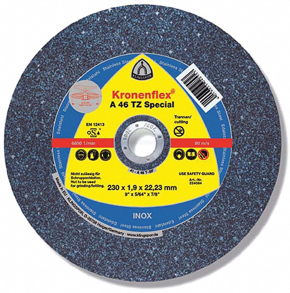 CUT-OFF WHEEL, ULTRA THIN, FOR STAINLESS STEEL, TYPE 1, 46 GRIT, 10,200 RPM, 6 X 1/16 X 7/8 IN