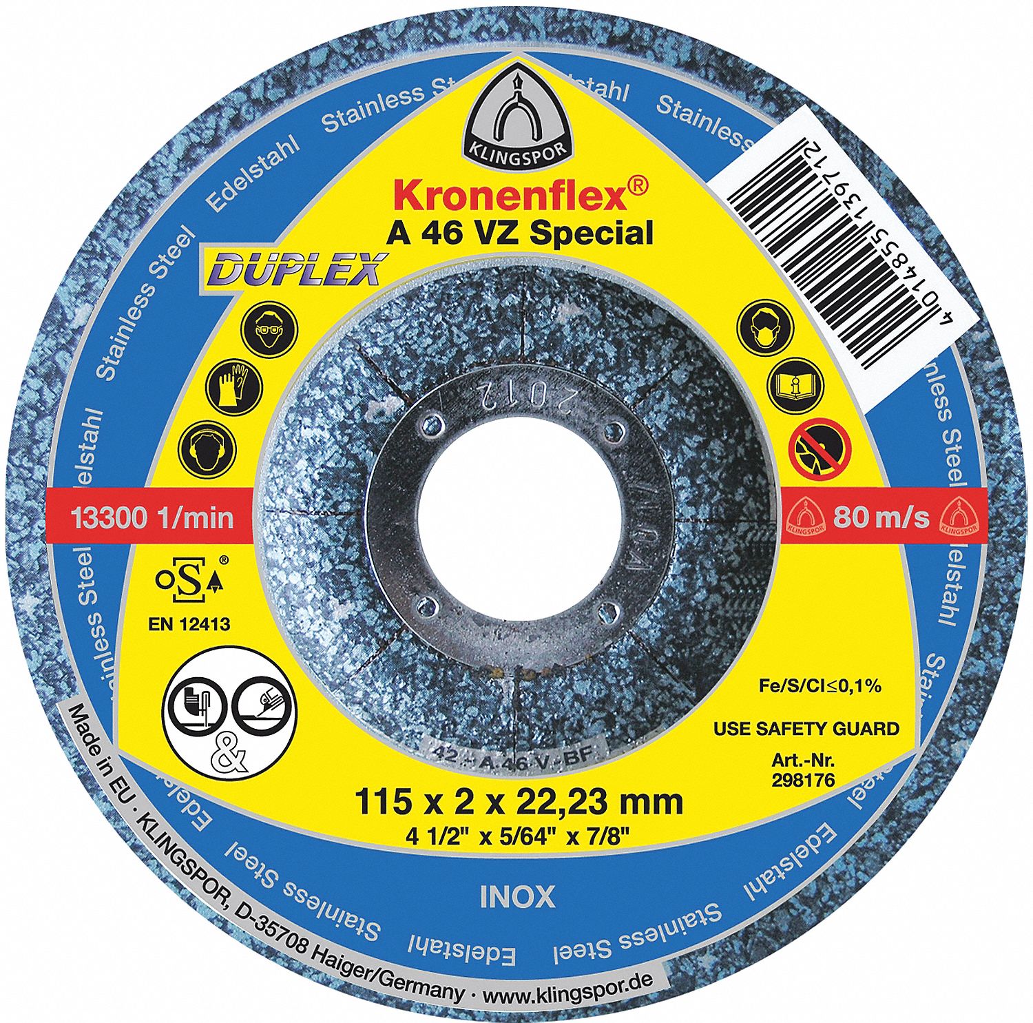 GRINDING WHEEL, 46 GRIT, 13,300 RPM, TYPE 27, 4 1/2 X 5/64 IN, 7/8 IN ARBOR