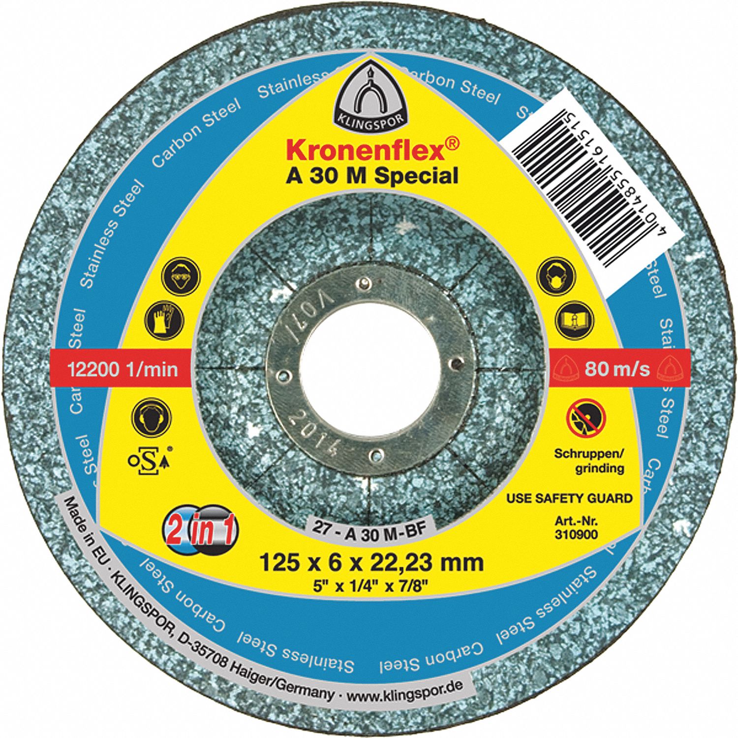 GRINDING WHEEL, 13,300 RPM, TYPE 27, 4 1/2 X 1/4 IN, 7/8 IN ARBOR