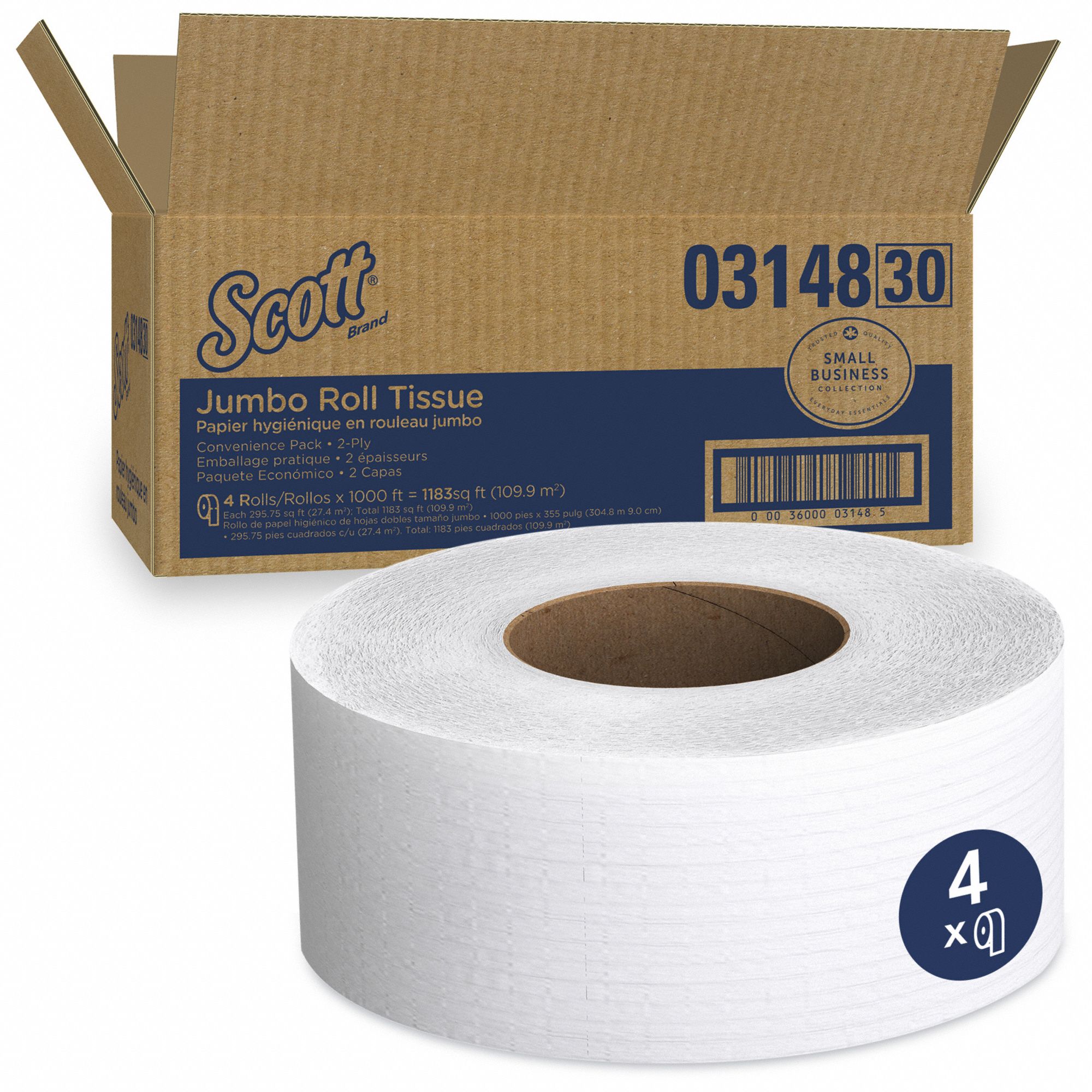 SCOTT BATHROOM TISSUE ROLL, JUMBO JR, 2-PLY, WHITE, 1000 FT X 3½ IN, 4 PK - Toilet  Paper - KMB03148