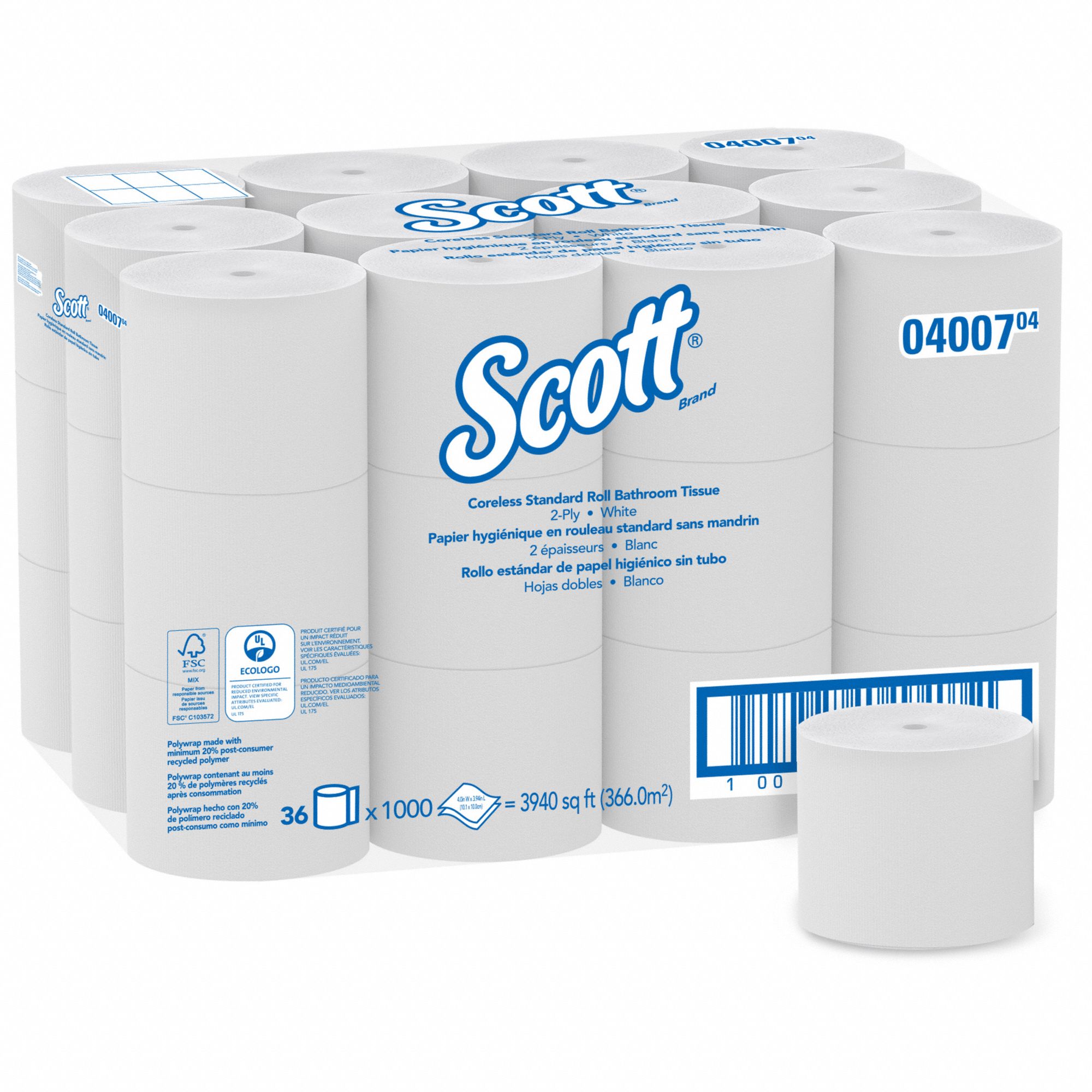 TOILET PAPER ROLL, CORELESS, 2 PLY, 1000 SHEETS, 328 FT LENGTH, 36 PK