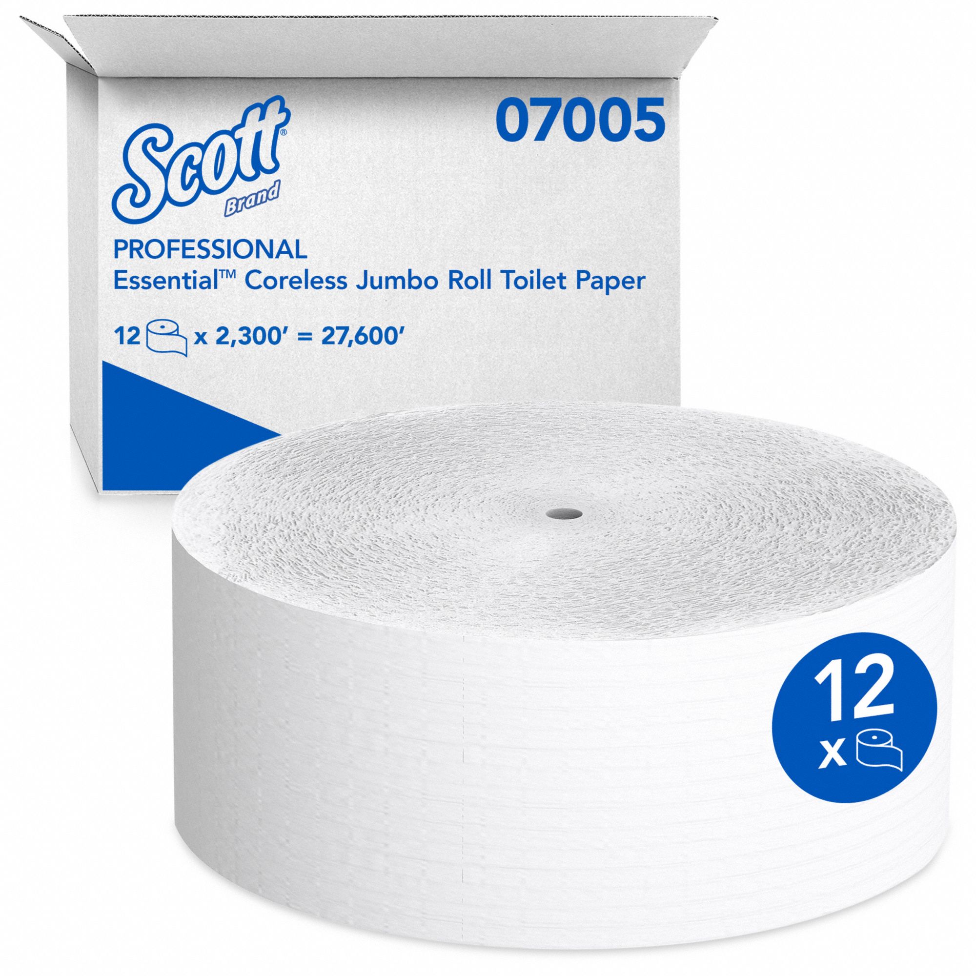 ROULEAU DE PAPIER HYGIÉNIQUE,JUMBO S/NOYAU,1 ÉPAISSEUR,CONTINU,ROULEAU 2 300 PI DE LO,BLNC,PQ DE 12