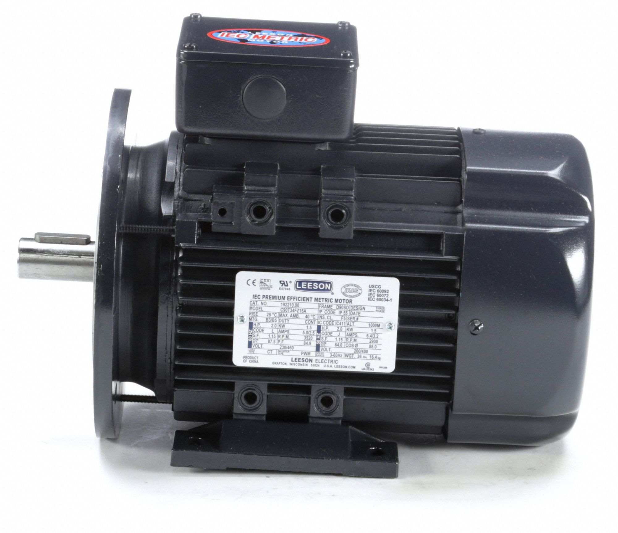 LEESON Metric Motor, 2 HP, 3-Phase, Nameplate RPM 3,520, Voltage 230 ...