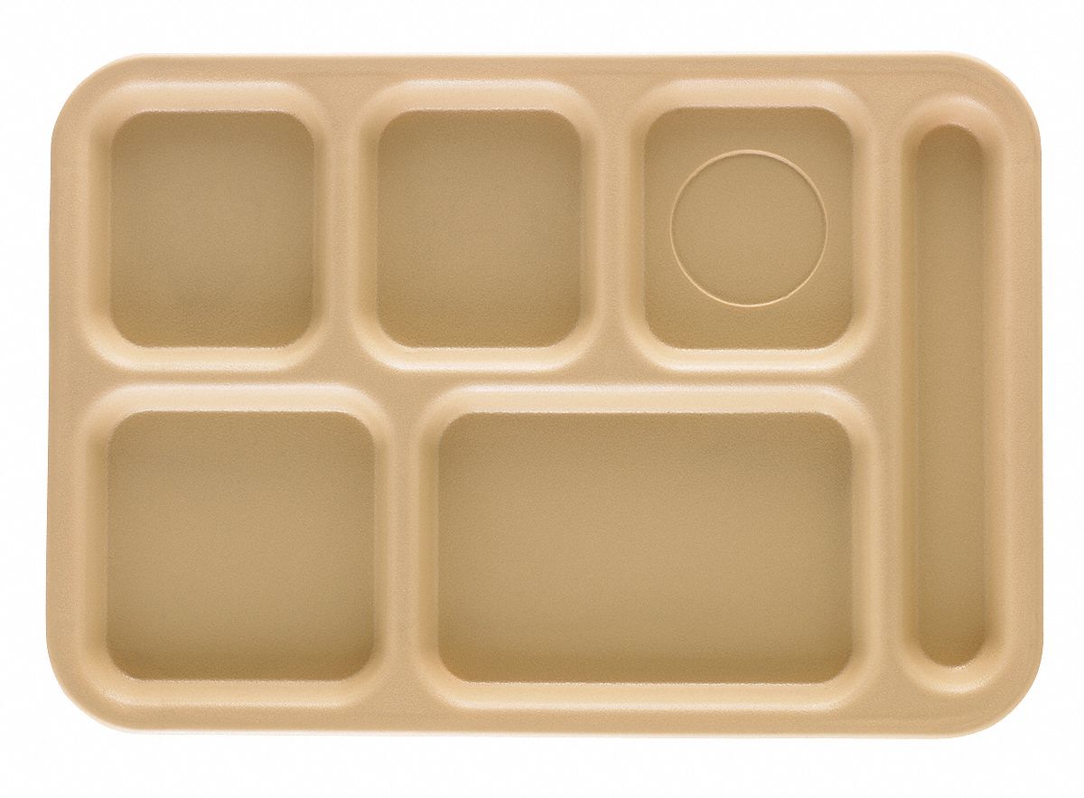 Food Service Trays: Beige, Plastic, 14 1/2 in Overall Lg, 10 in Overall Wd, 6 Compartments