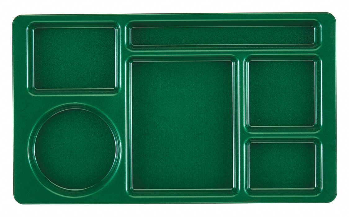 Food Service Trays: Green, Plastic, 15 in Overall Lg, 8 3/4 in Overall Wd, 6 Compartments