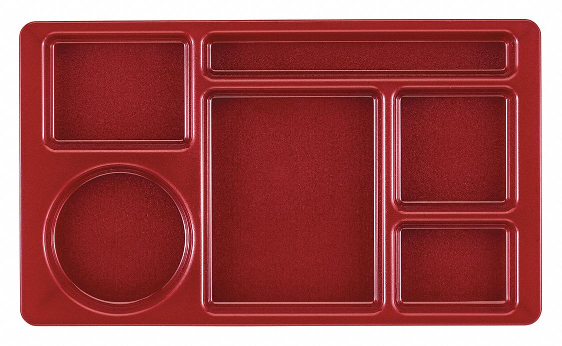 Food Service Trays: Cranberry, Plastic, 15 in Overall Lg, 8 3/4 in Overall Wd, 6 Compartments