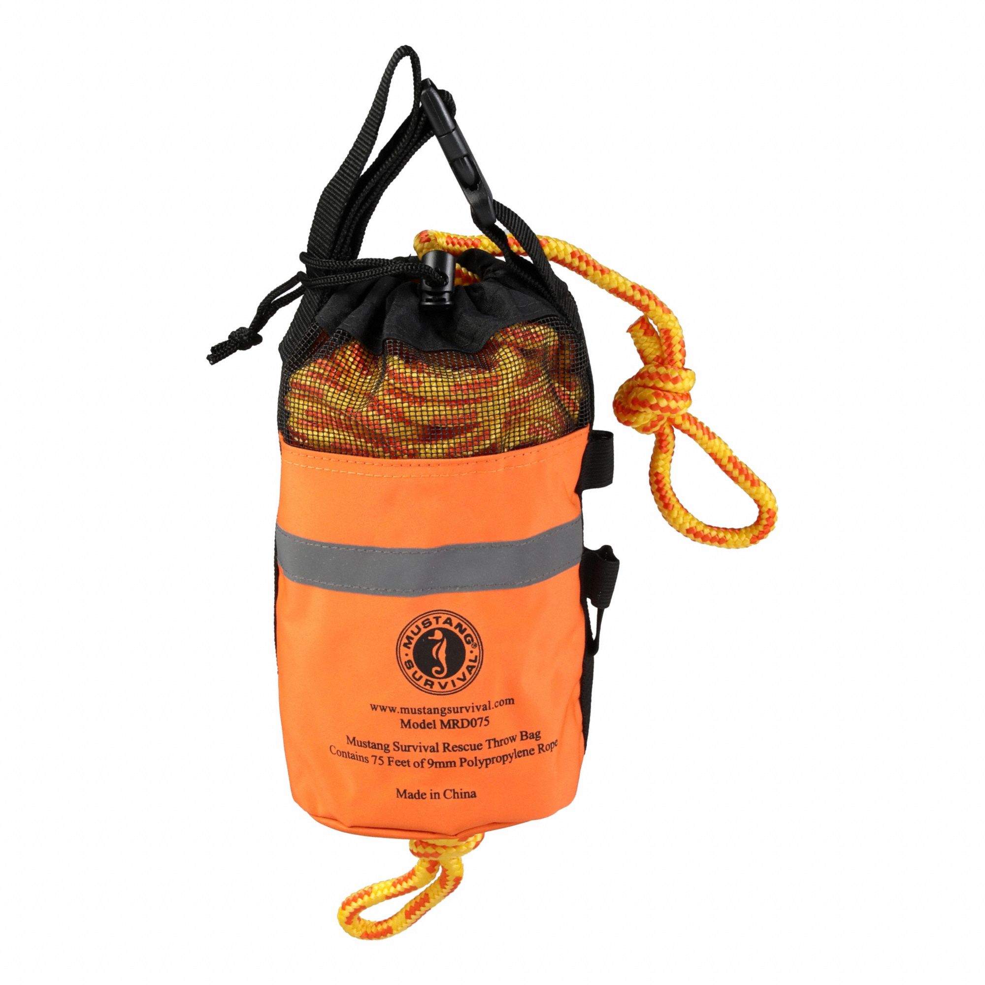 Rescue Throw Bag: 75 ft Rope Lg, 10 in Overall Dia, Reflective Bag, Orange