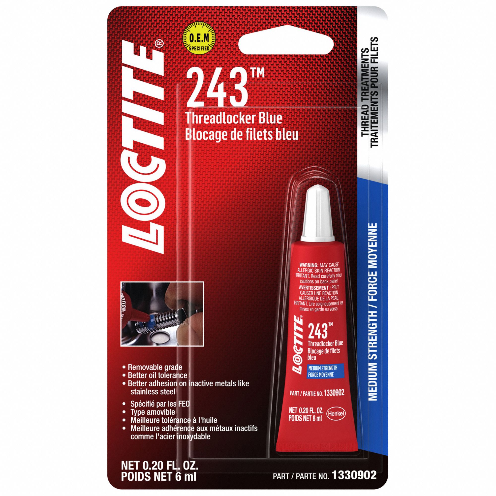 THREADLOCKER, SERIES 243, FULL CURE 24 HR, OIL RESIST, MED STRENGTH, 6 ML, DIMETHACRYLATE ESTER