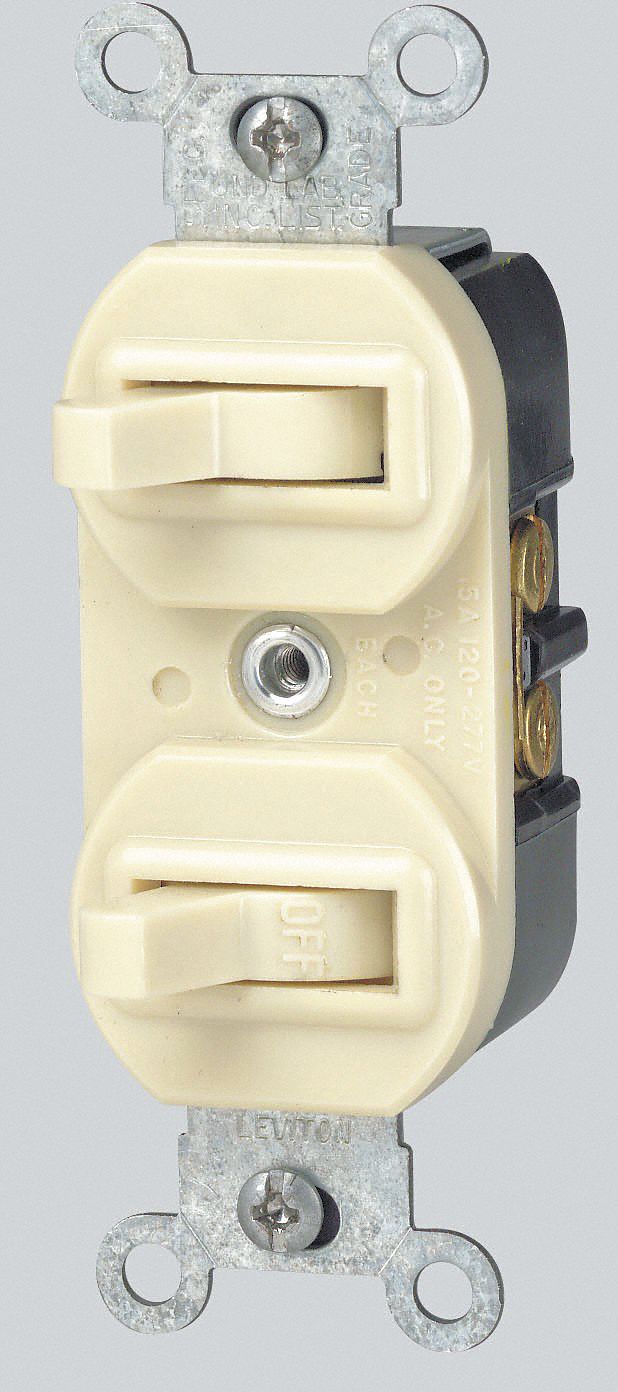 ELECTRICAL WALL SWITCH, TOGGLE, DUPLEX, SIDE WIRE, 120/277 VAC, 15 A, IVORY, SILVER, CADMIUM