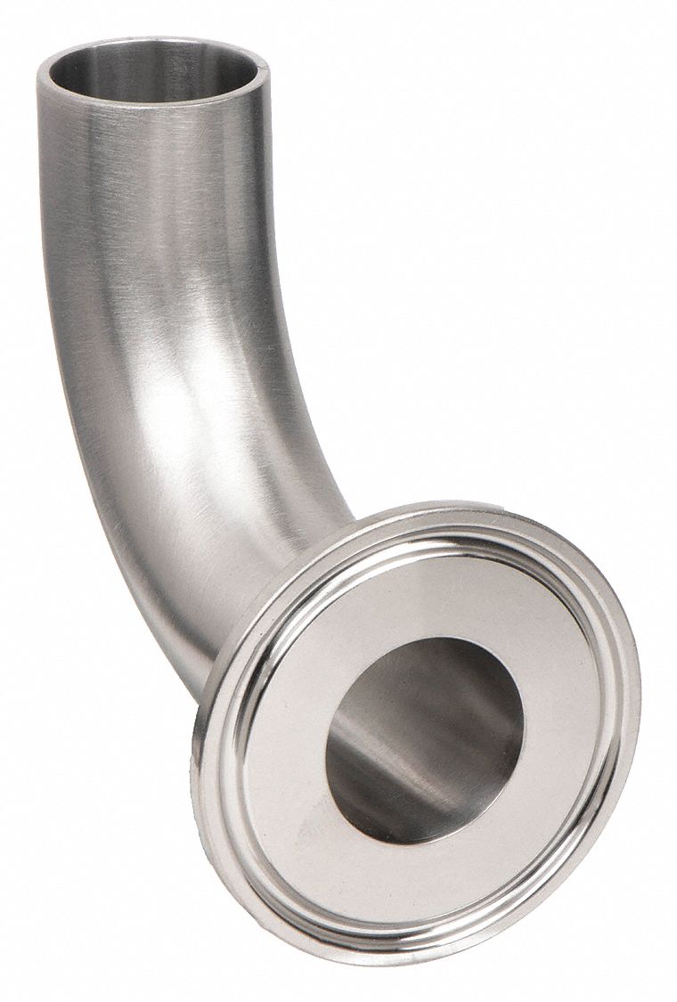 Sanitary Fitting Elbow: 1 1/2 in OD x 1 1/2 in OD Size, Clamp/Weld, Stainless Steel