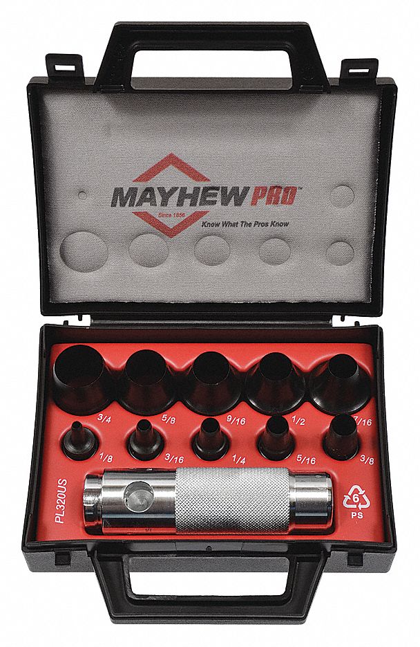 HOLLOW PUNCH SET, STEEL, KNURLED GRIP, 11 PIECES, SAE, ¾ IN, 1 IN L TO 0.724 LB