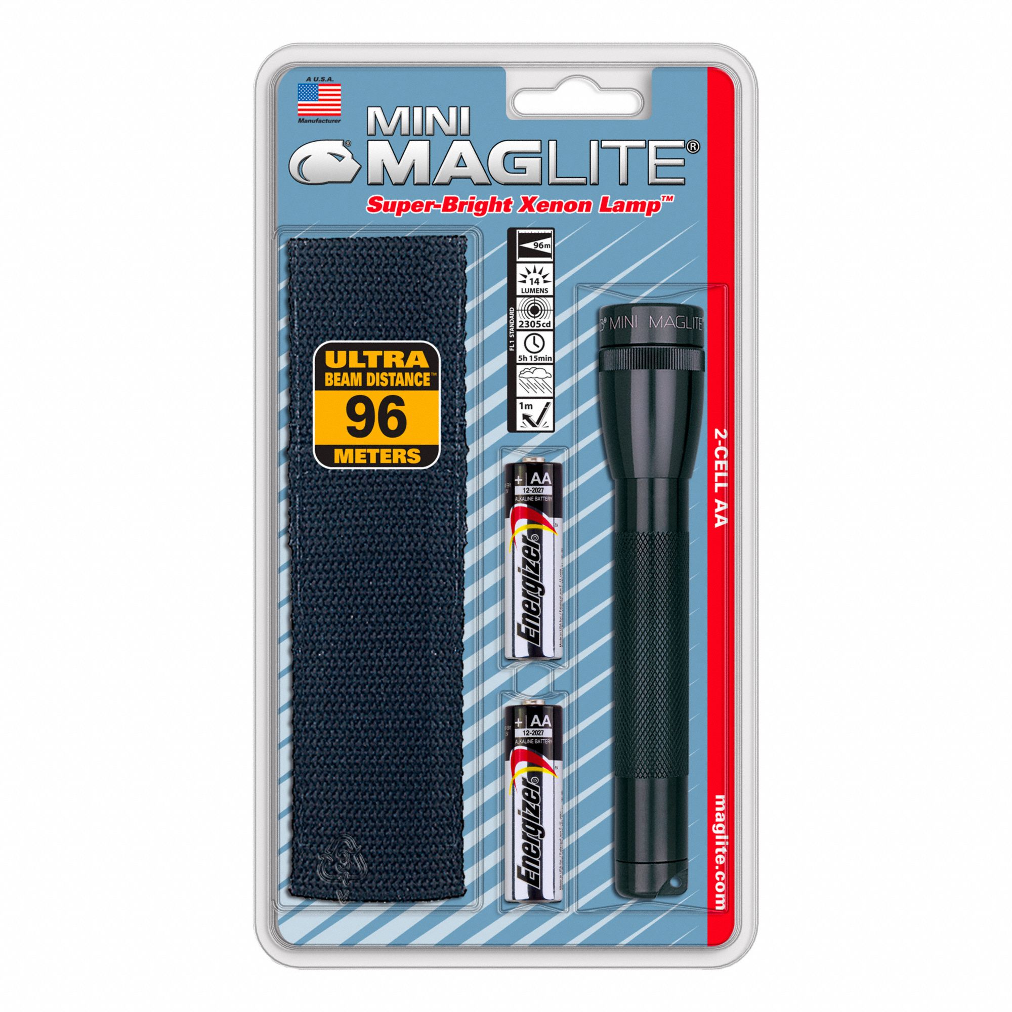 HOLSTER/MINI MAGLITE COMBO PACK, AA BATTERIES, BLACK, 5 3/4 IN L, ALUMINUM