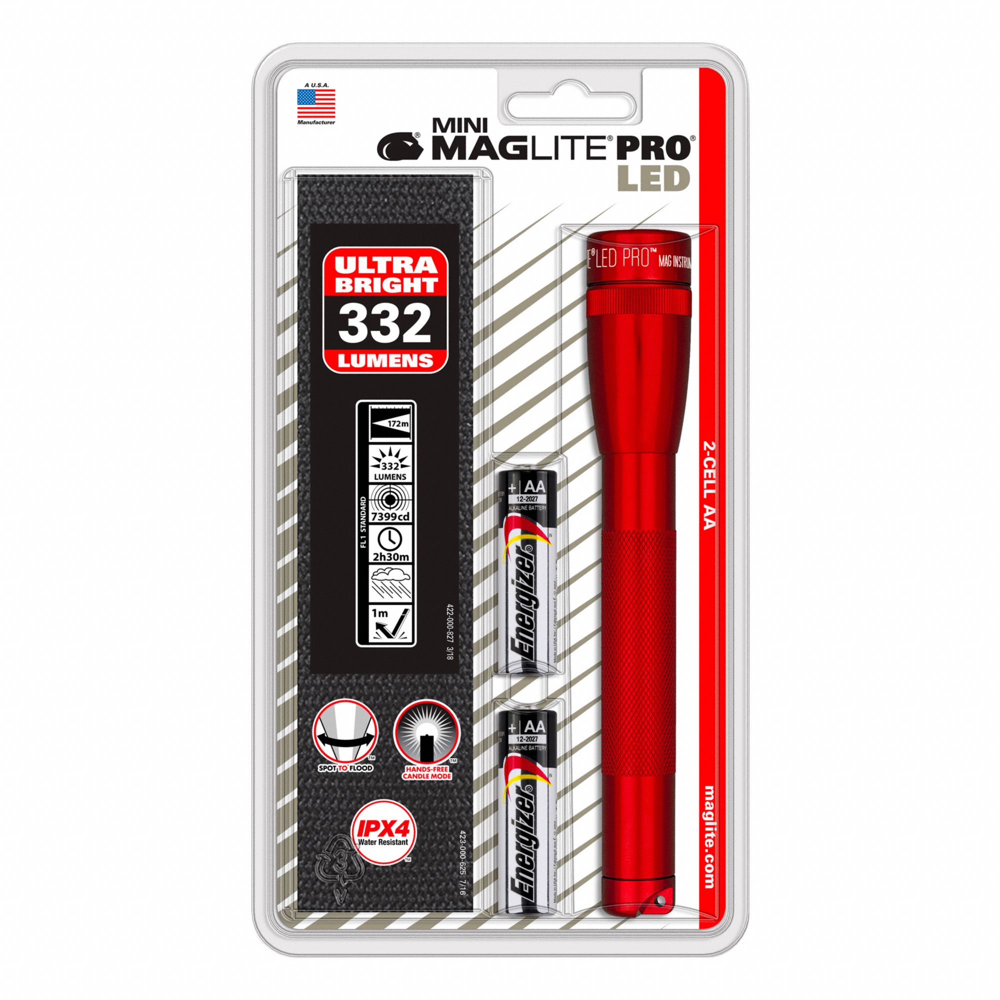 HANDHELD FLASHLIGHT, MINI, 163 M BEAM, 272 LUMENS, RED, 6.607 IN L/1 IN DIA, POLYCARBONATE/ALUMINUM