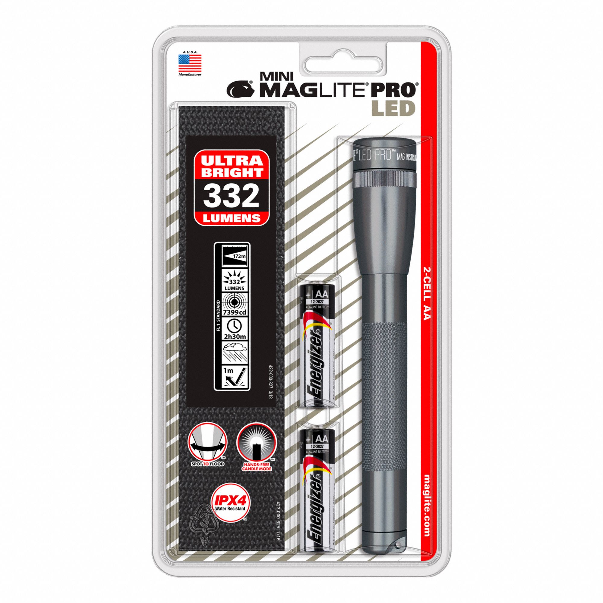 HANDHELD FLASHLIGHT, MINI, 163 M BEAM, 272 LUMENS, GREY, 6.607 IN L/1 IN DIA, POLYCARBONATE/ALUMINUM