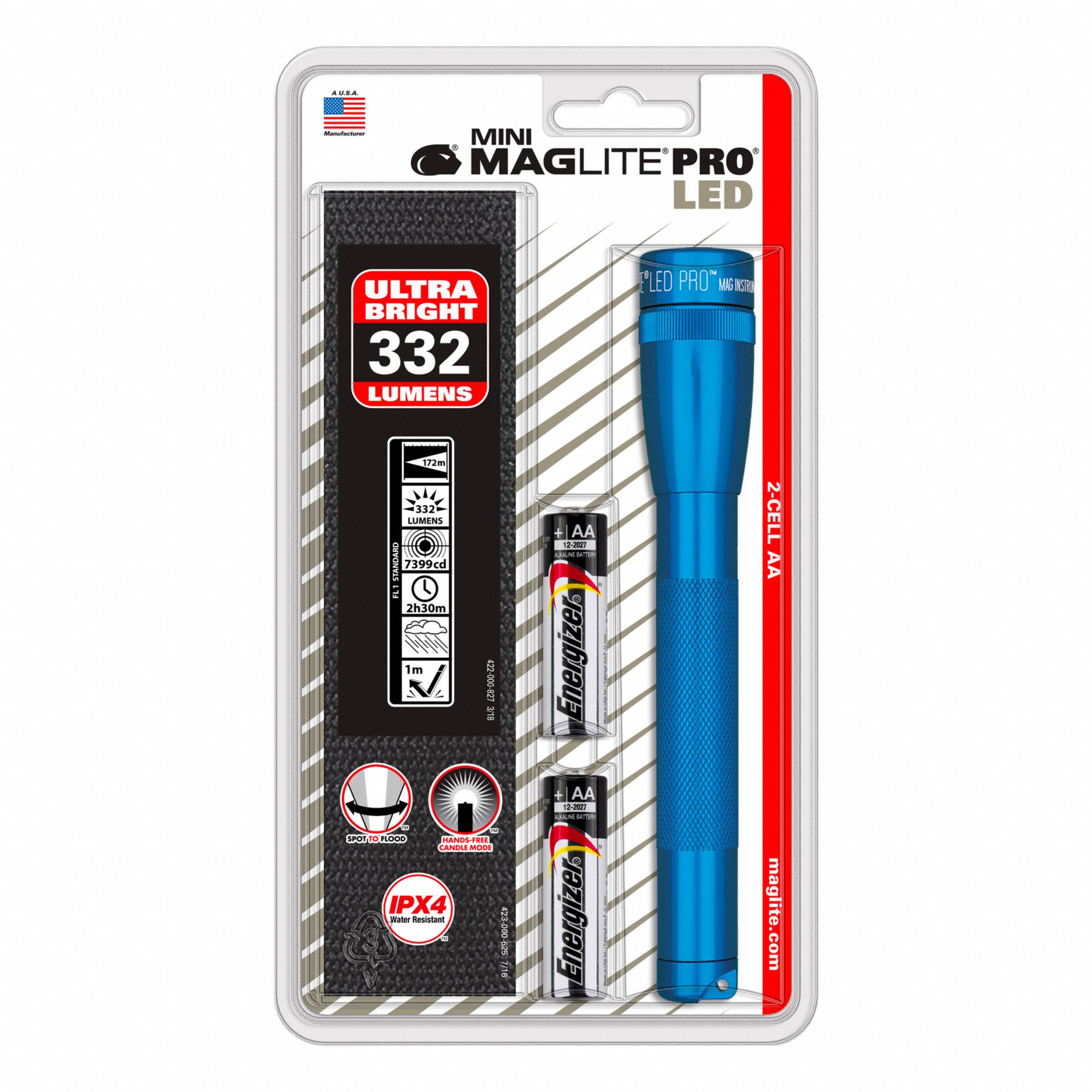 HANDHELD FLASHLIGHT, MINI, 163 M BEAM, 272 LUMENS, BLUE, 6.607 IN L/1 IN DIA, POLYCARBONATE/ALUMINUM