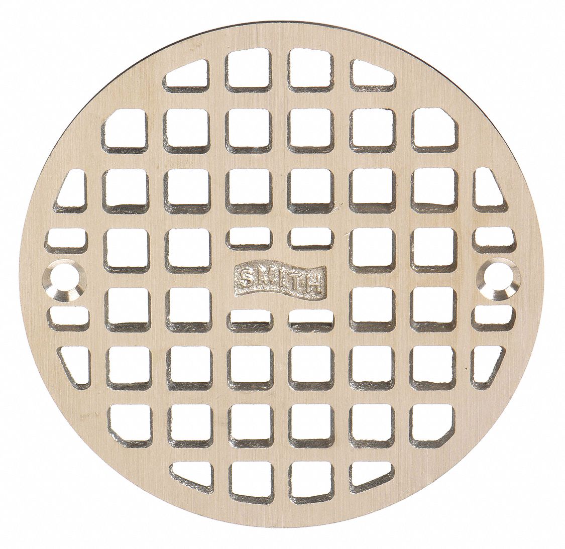 GRATE: A, ROUND, SQUARE HOLES, 5⅝ IN OVERALL DIAMETER, ⅜ IN THICK, SILVER