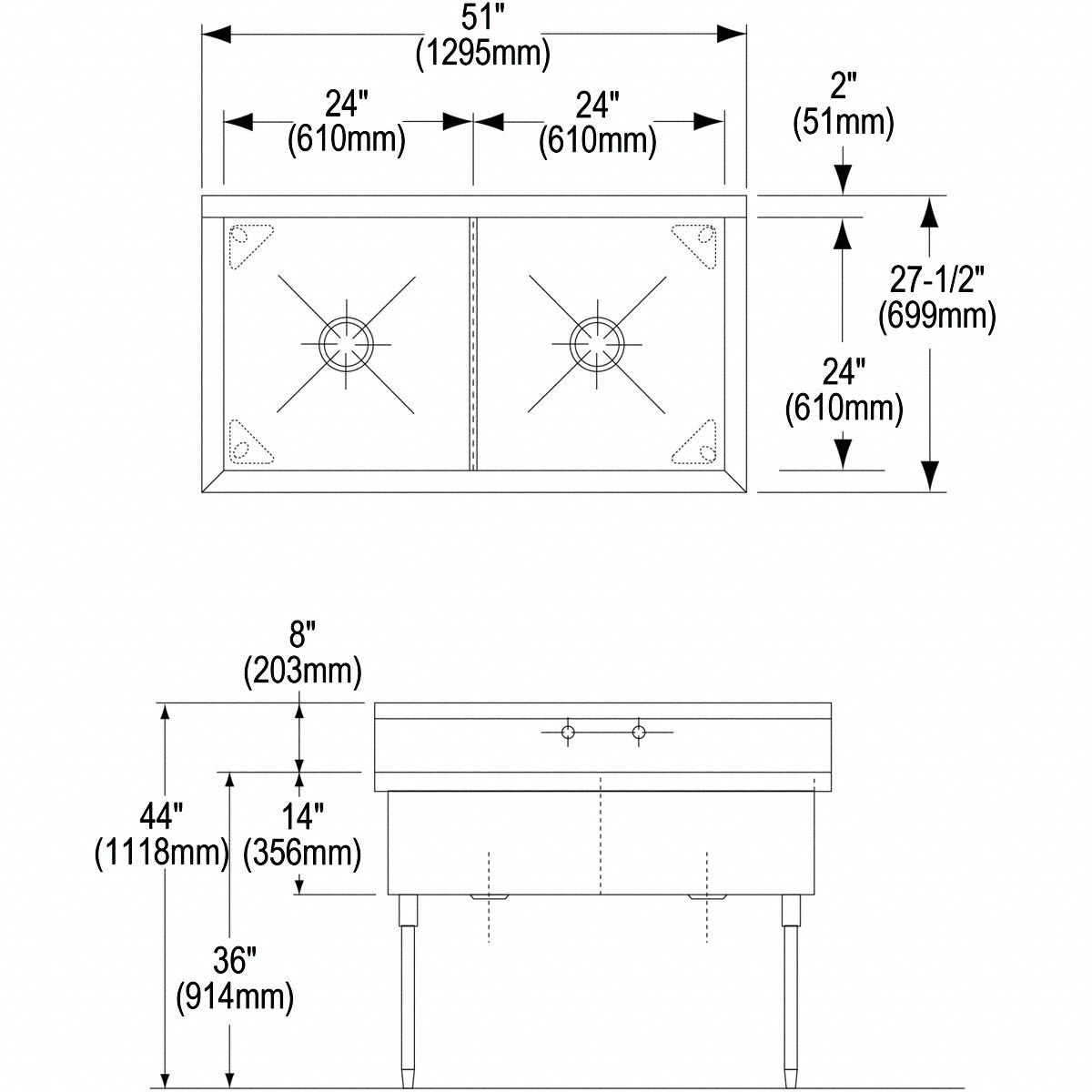 ELKAY Scullery Sink Elkay, 36 in Work Surface Ht, 44 in Overall Ht, 51