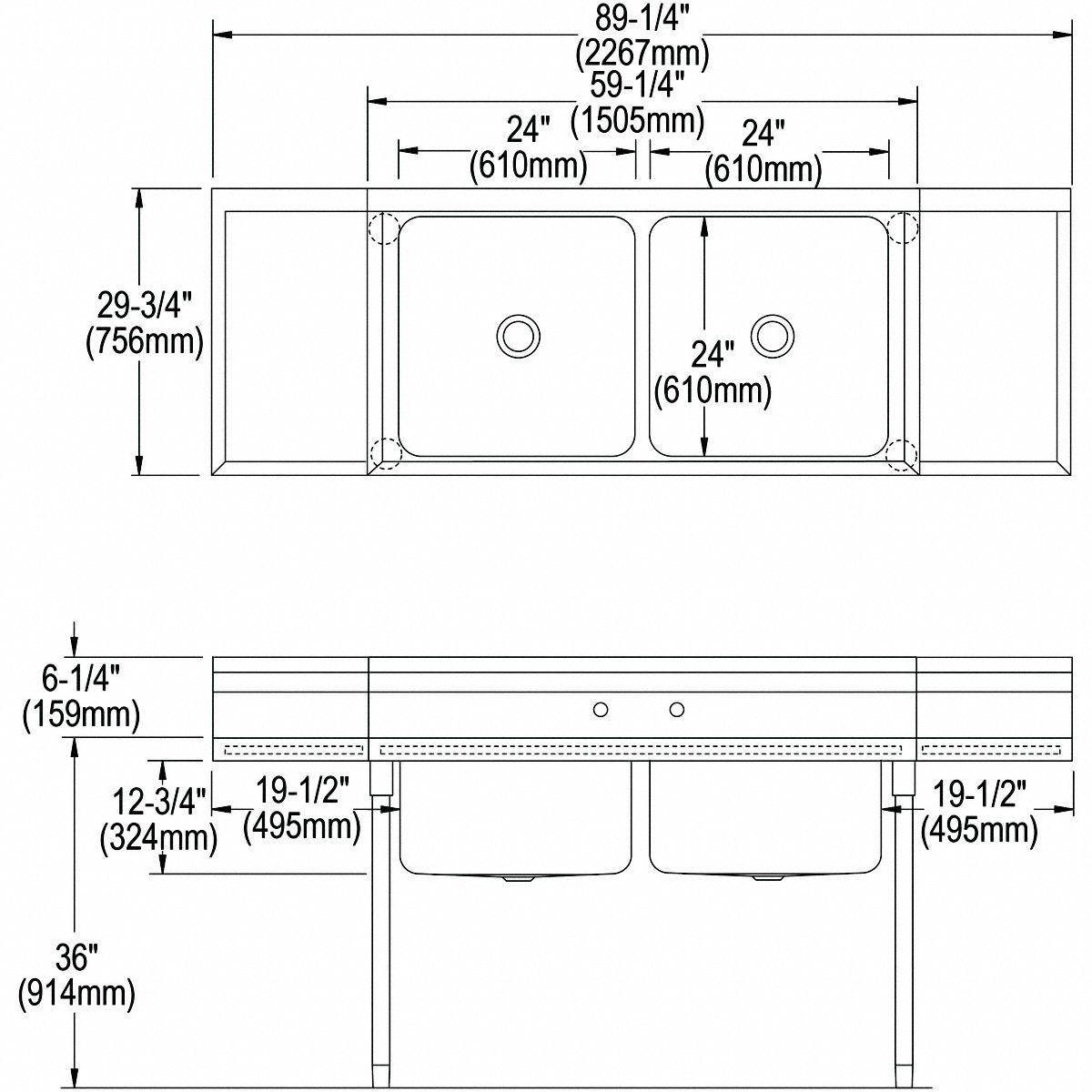 ELKAY Scullery Sink Elkay, 36 in Work Surface Ht, 42 1/4 in Overall Ht