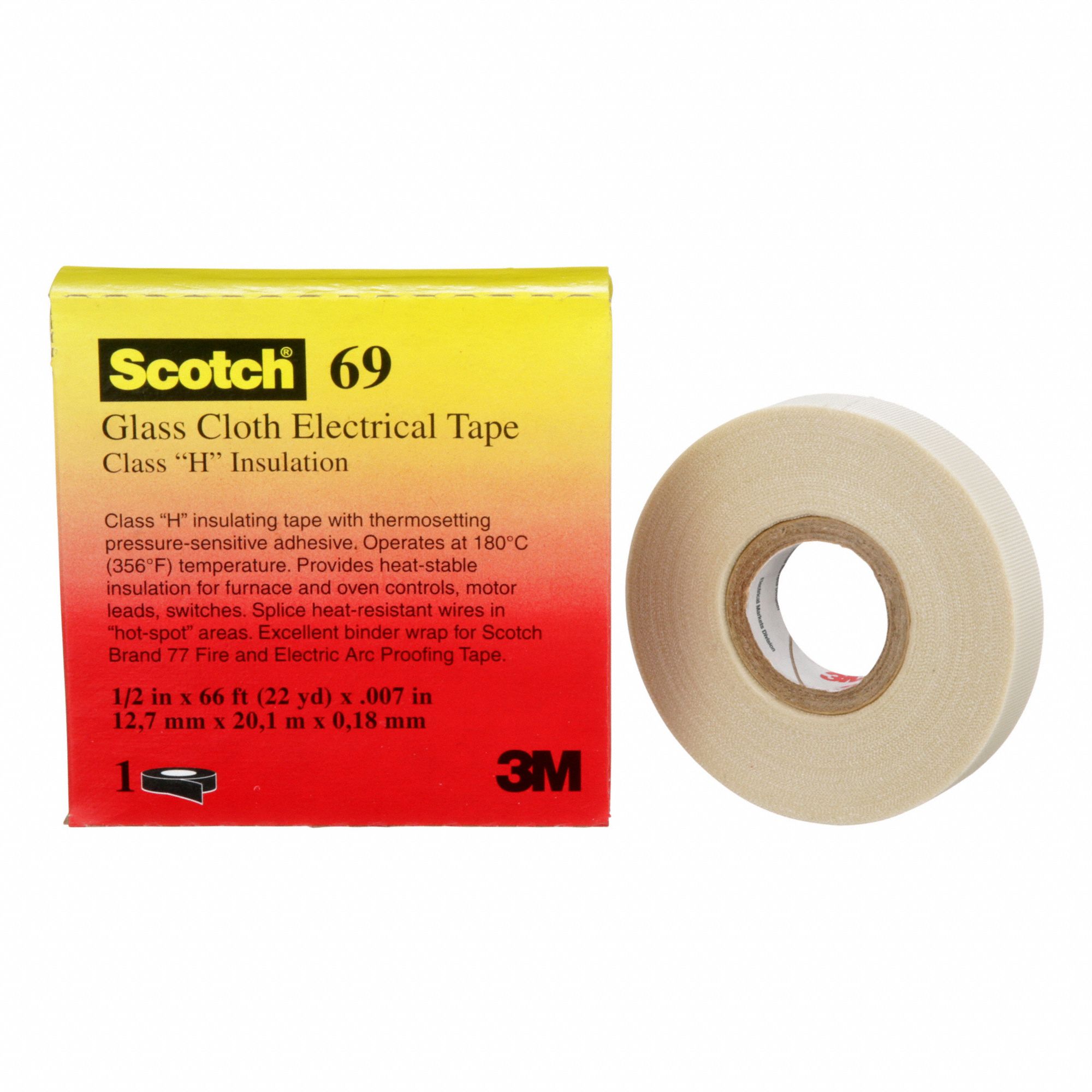 SCOTCH GLASS CLOTH TAPE, FLAME RETARDANT, WHITE, 20 1/10 M X 12 7/10 MM X 7  1/2 MM, SILICONE/GLASS CLOTH - Insulating Electrical Tape - MMM69-1/2X66