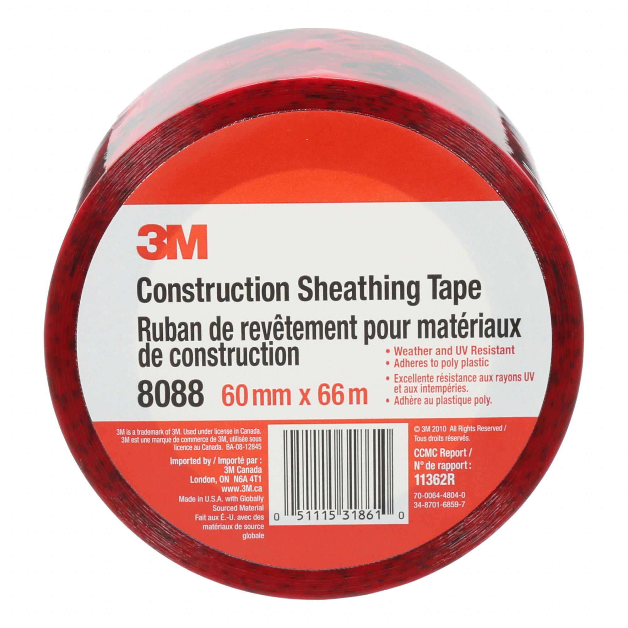 8088 CONSTRUCTION SHEATHING TAPE, RED, 72.18 YD L, 2 1/3 IN W, 3 MIL, UV-RESISTANT, 20 PK