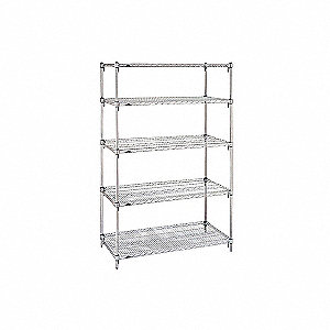 WIRE SHELVING, FREESTANDING, STATIONARY, ADJUSTABLE, 5 TIER, CHROME FINISH, 48 X 18 X 74 IN
