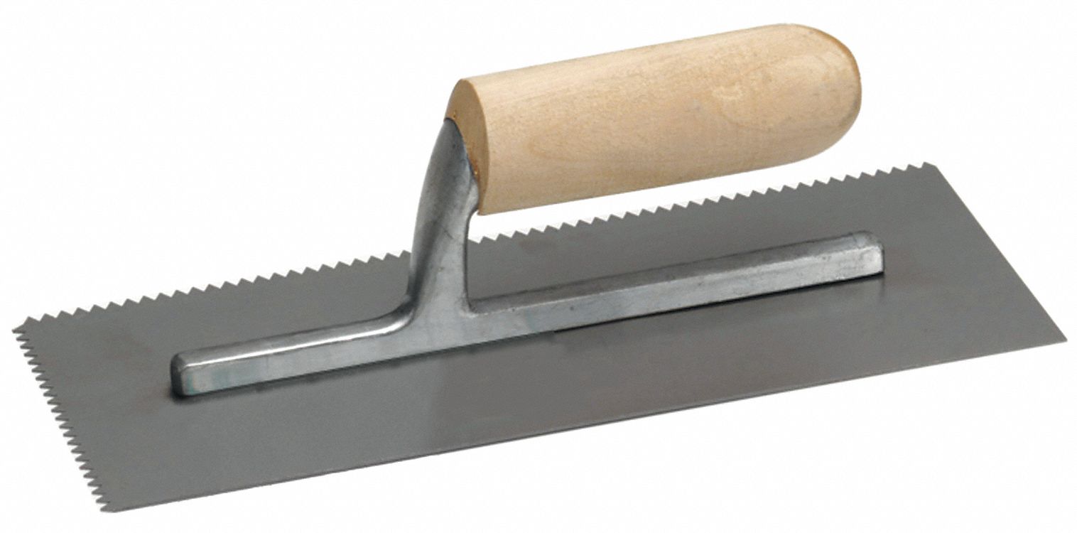 TROWEL, NOTCHED, 1/2 X 1/2 X 1/2 IN NOTCHES, 7 X 4-1/2 IN, TEMPERED STEEL/ ALUMINUM