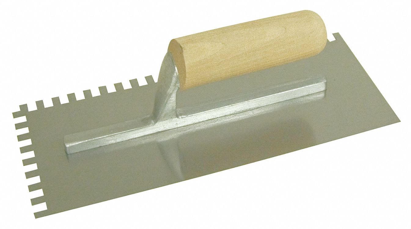 TROWEL, NOTCHED, 1/4 X 3/8 X 1/4 IN NOTCHES, 7 X 4-1/2 IN, TEMPERED STEEL/ ALUMINUM