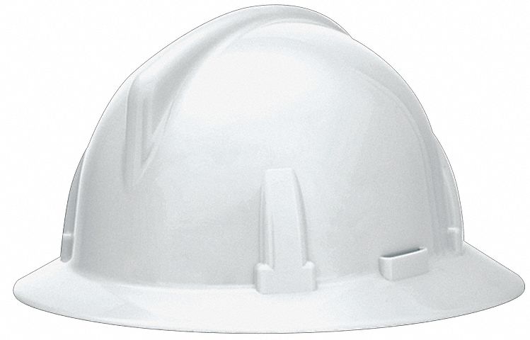 NON-SLOTTED HARD HAT, CSA, TYPE 1, CLASS E, PC, 4-PT FAS-TRAC III RATCHET, FULL BRIM, WHITE