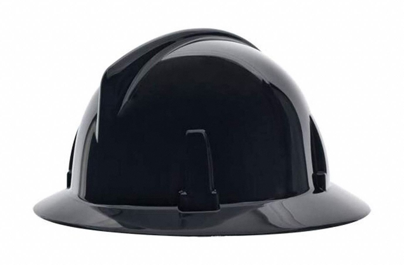 NON-SLOTTED HARD HAT, CSA, TYPE 1, CLASS E, PC, 4-PT FAS-TRAC III RATCHET, FULL BRIM, BLACK