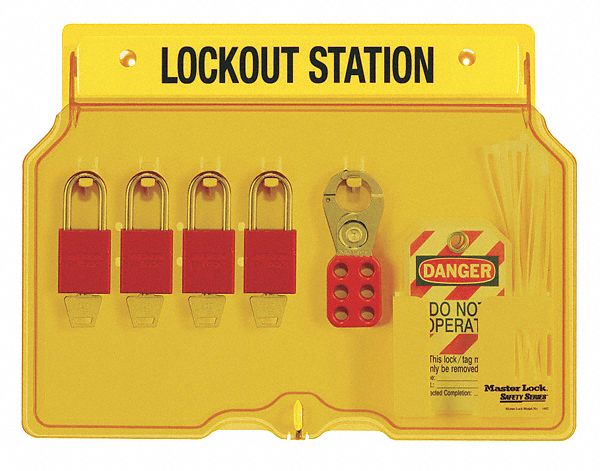 LOCKOUT STATION, 4 PADLOCKS/2 HASPS/12 TAGS, 14 X 11 INCHES, ALUMINIUM