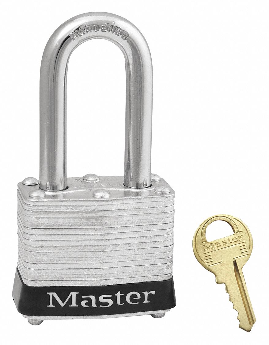 SAFETY PADLOCK W KEY, DIFFERENT, BLK, BODY 1 9/16 IN W, SHACKLE 5/8 X 1 1/2 X 9/32 IN, STEEL