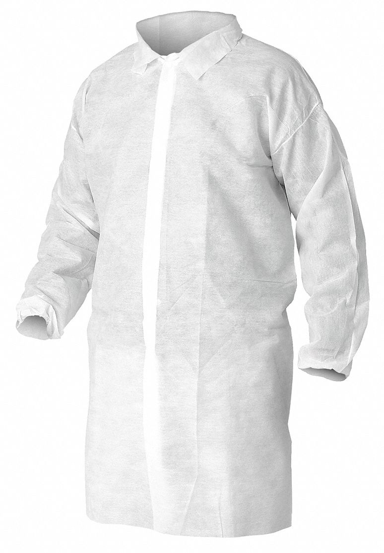 DISPOSABLE LAB COAT, PP, MANDARIN COLLAR, ELASTIC CUFFS, SNAPS, KNEE LENGTH, XL