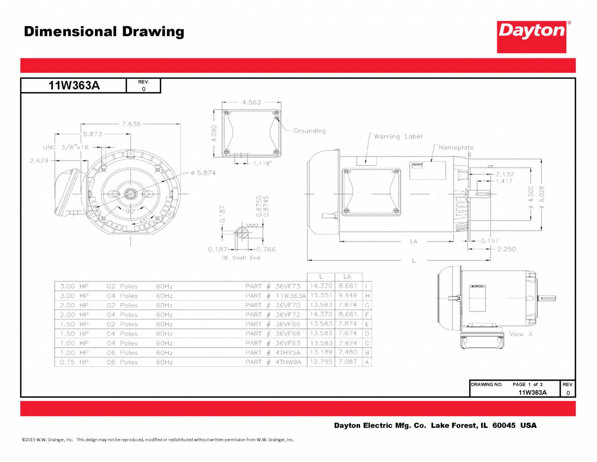 DAYTON General Purpose Motor, 3 HP, 3Phase, Nameplate RPM 1740