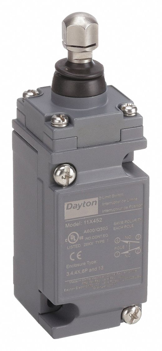 DAYTON, Plunger Actuator, 29 mm Mounting Hole Horizontal Center to Center Distance, Limit Switch