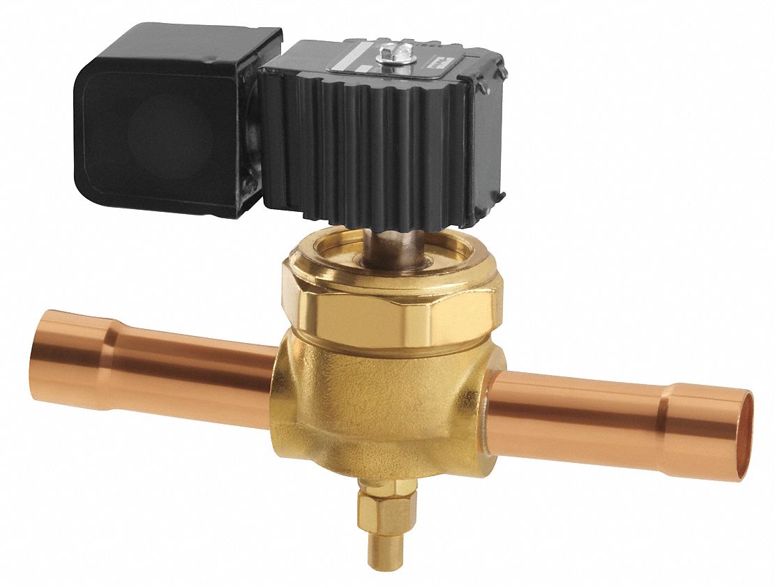 REFRIGERATION SOLENOID VALVE, BRASS/SYNTHETIC-COATED METAL, SWEAT 1⅛ IN ODF, 450 PSI