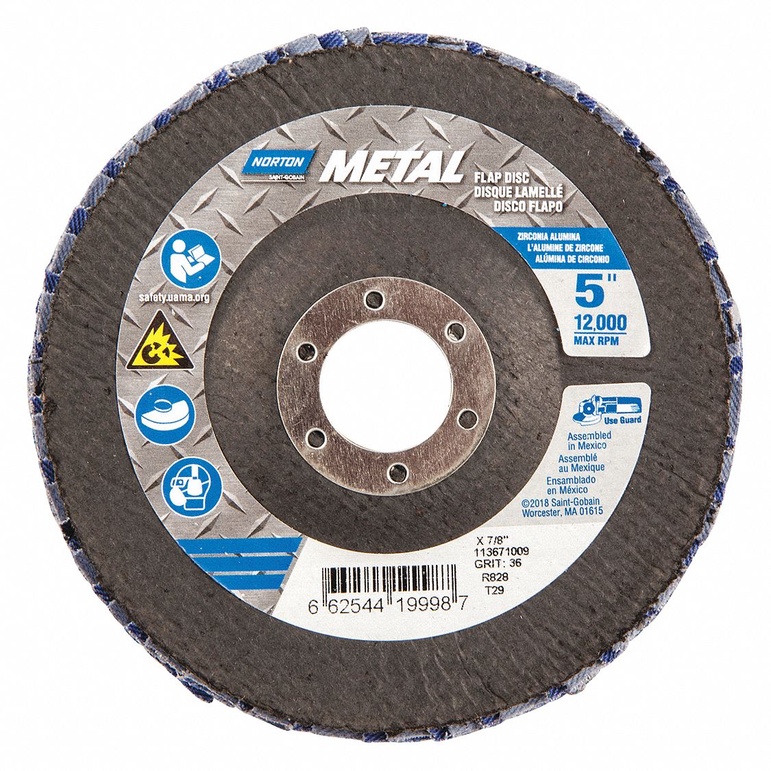 FLAP SANDING DISC, SERIES R828, TYPE 29,, 36 GRIT, 5 X 7/8 INARBOUR, ZIRC/AL, METAL
