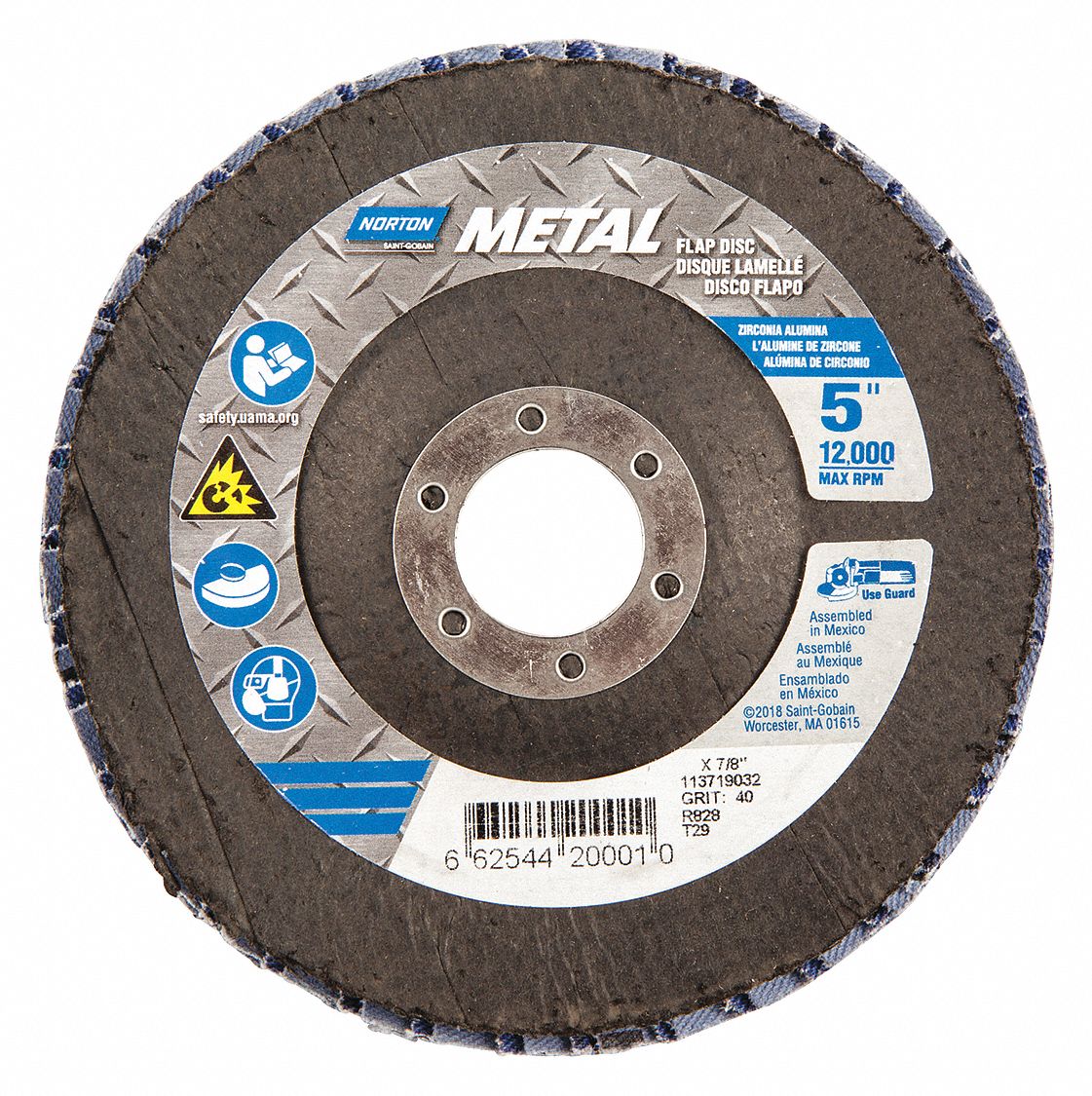 FLAP SANDING DISC, SERIES R828, TYPE 29,, 40 GRIT, 5 X 7/8 INARBOUR, ZIRC/AL, METAL