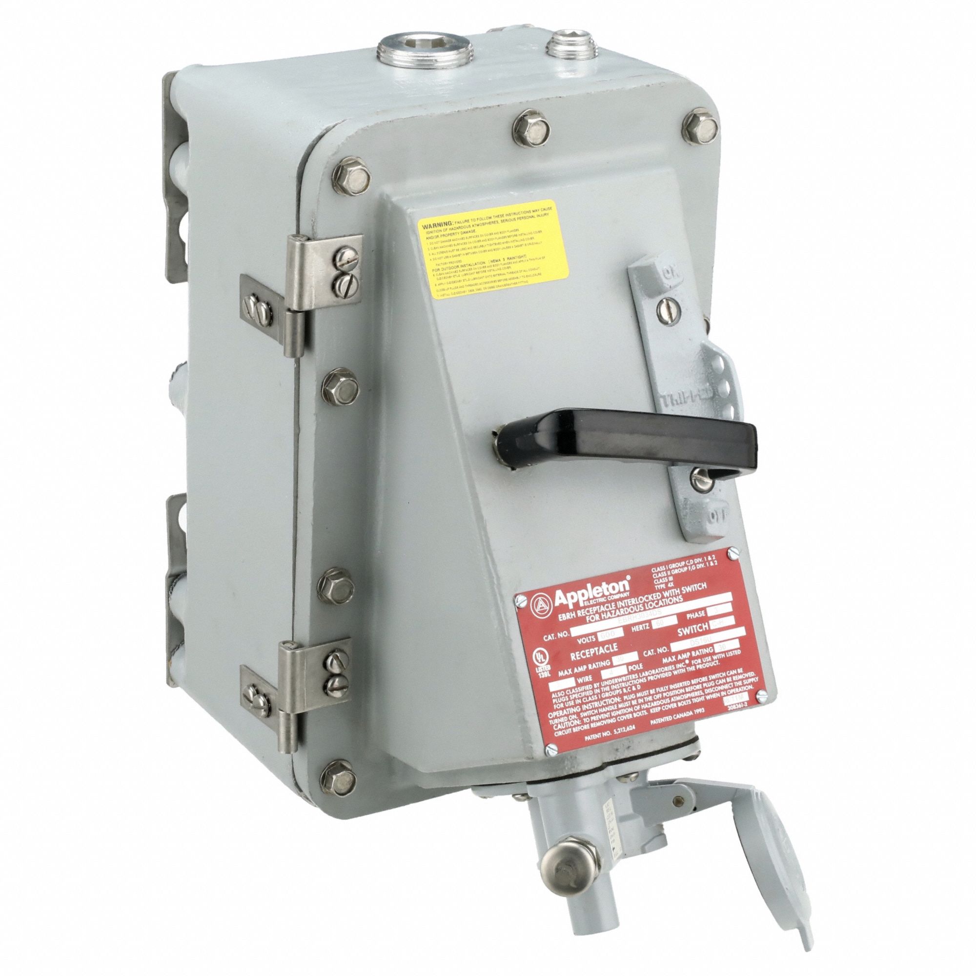 Receptacle with Disconnect Switch: Non-Fused, 30 A, 600V AC, 25 hp Horsepower Rating, Metallic