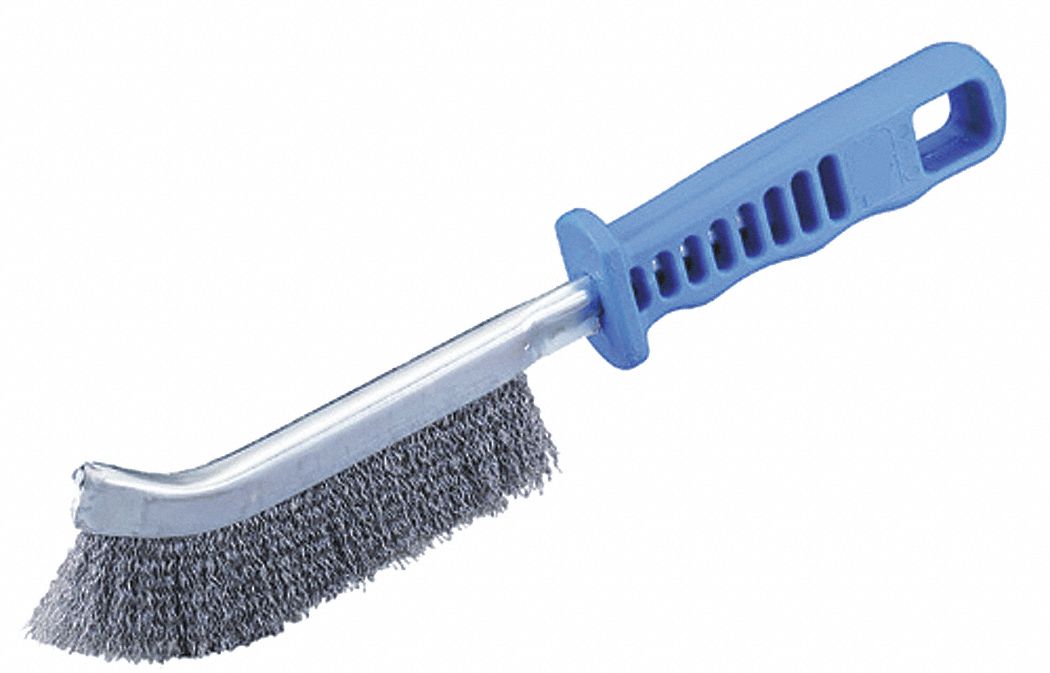 SCRATCH BRUSH, SHORT/CURVED HANDLE, 5 X 10 ROWS, 10 IN HANDLE L, BLUE, STAINLESS STEEL/PLASTIC