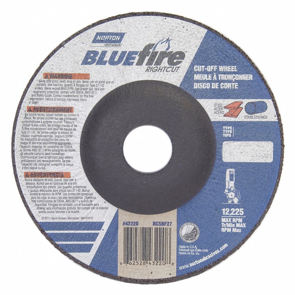 DEPRESSED CENTRE CUT-OFF WHEEL, TYPE 27, 5 IN X 1/16 IN X ⅞ IN, ZIRCONIA ALUMINA, 24 GRIT