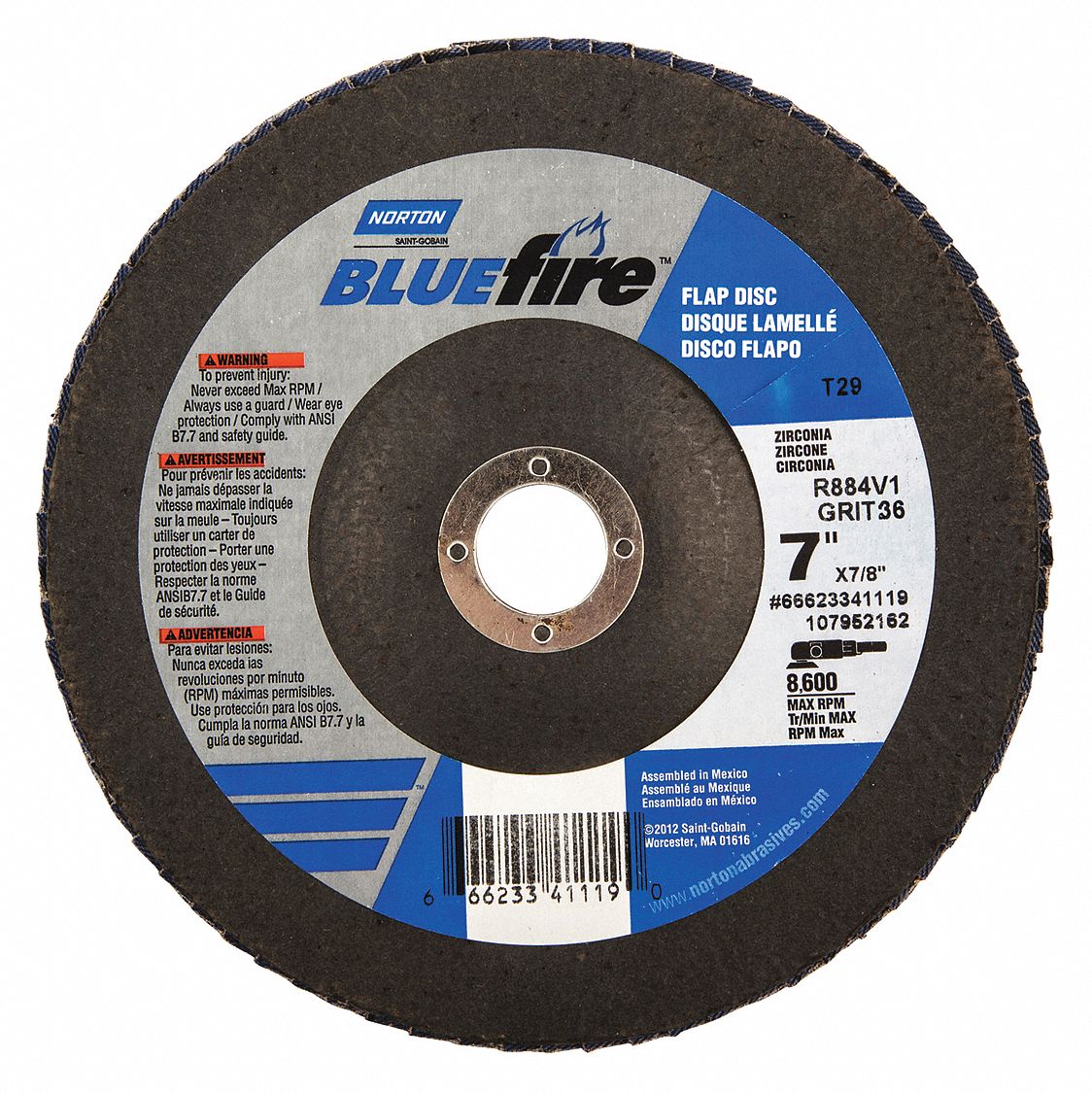 FLAP DISC, TYPE 29, 7 IN X ⅞ IN, ZIRCONIA ALUMINA, P24 GRIT, FIBREGLASS BACKING, STANDARD DENSITY